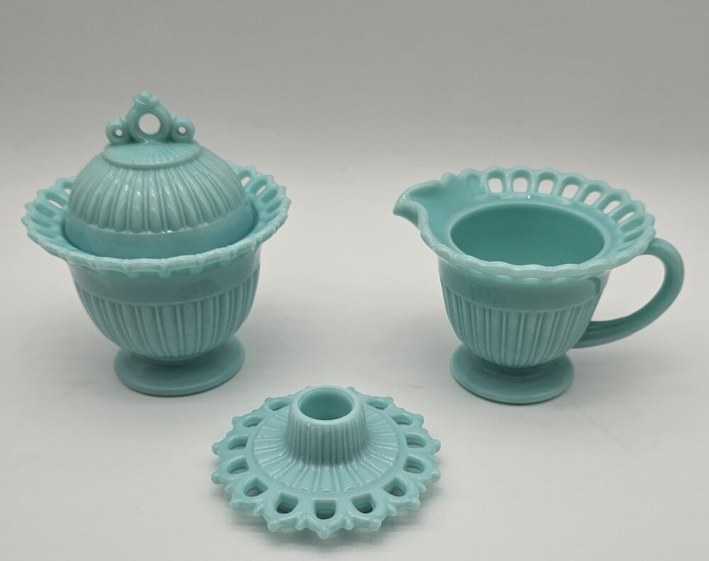 Fostoria Randolph Blue Milk Glass Cream Sugar & Candlestick Holder Set